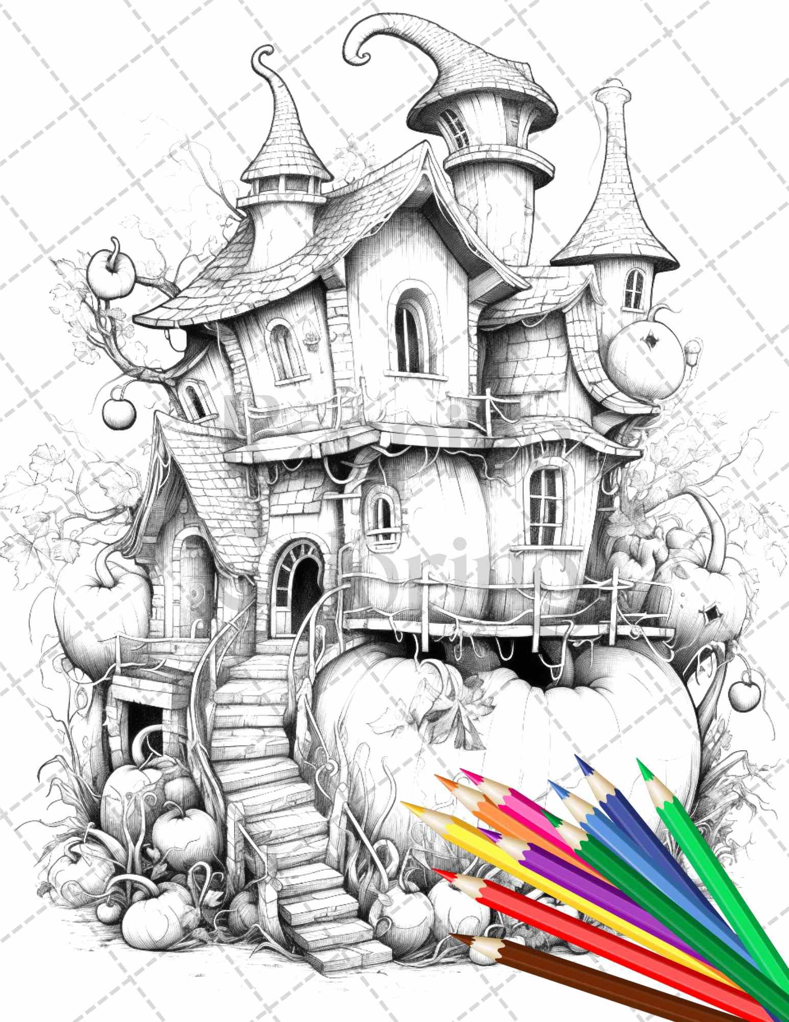 40 Pumpkin Fairy Houses Grayscale Coloring Pages Printable for Adults, PDF File Instant Download