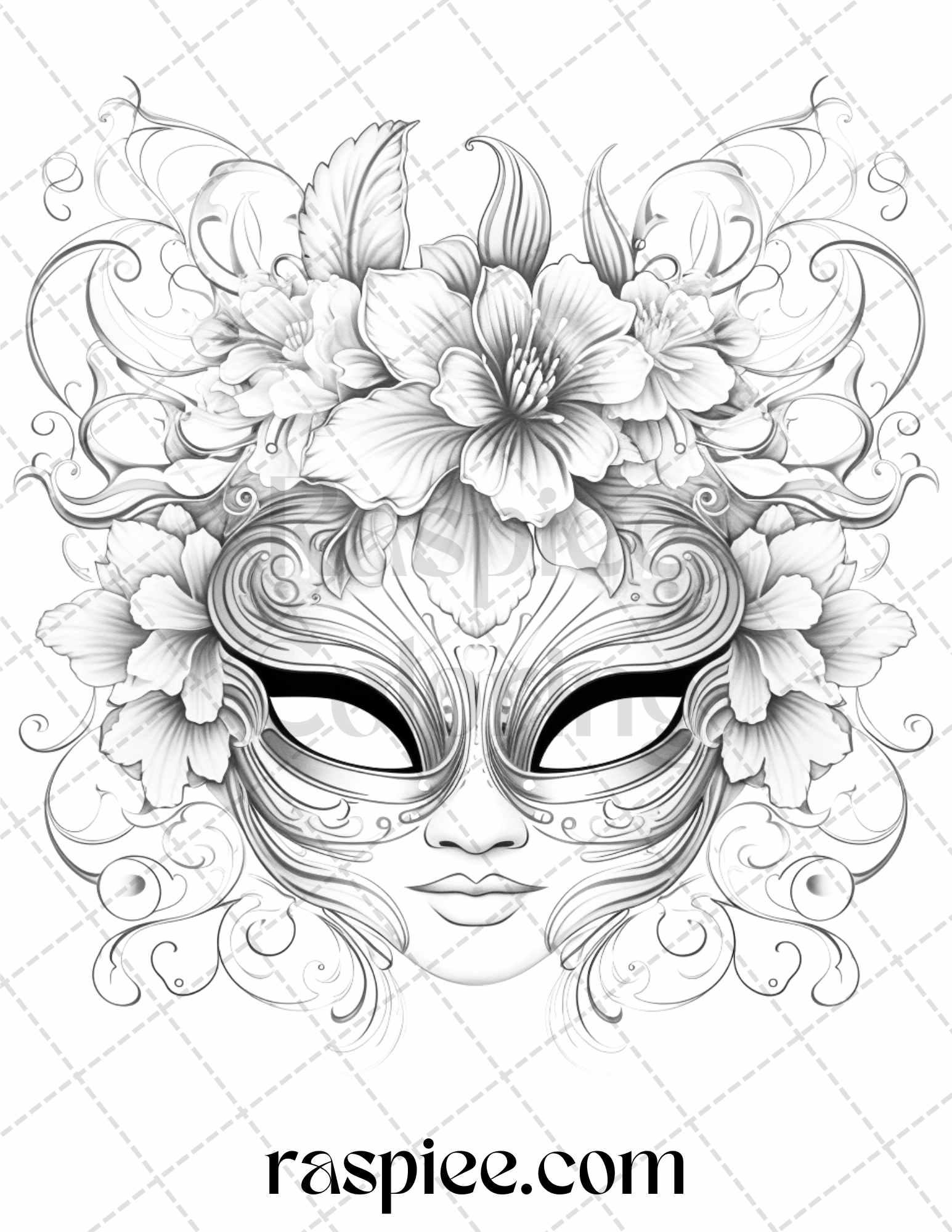 40 Masquerade Masks Grayscale Coloring Pages Printable for Adults, PDF File Instant Download