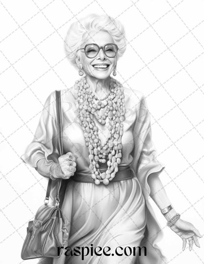 40 Fashionista Grandma Grayscale Coloring Pages Printable for Adults, PDF File Instant Download