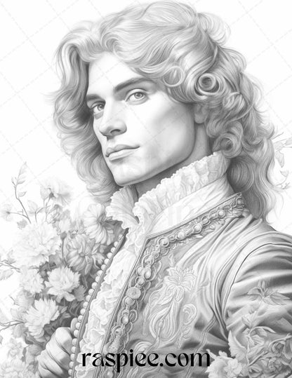 50 Baroque Man Portrait Grayscale Graysale Coloring Pages Printable for Adults, PDF File Instant Download