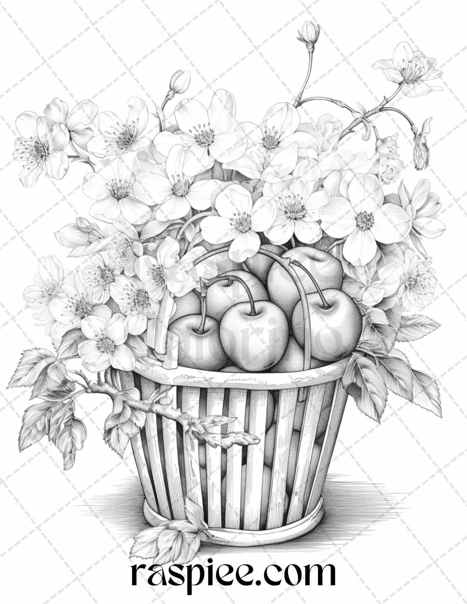 40 Fruit Basket Grayscale Coloring Pages Printable for Adults, PDF File Instant Download