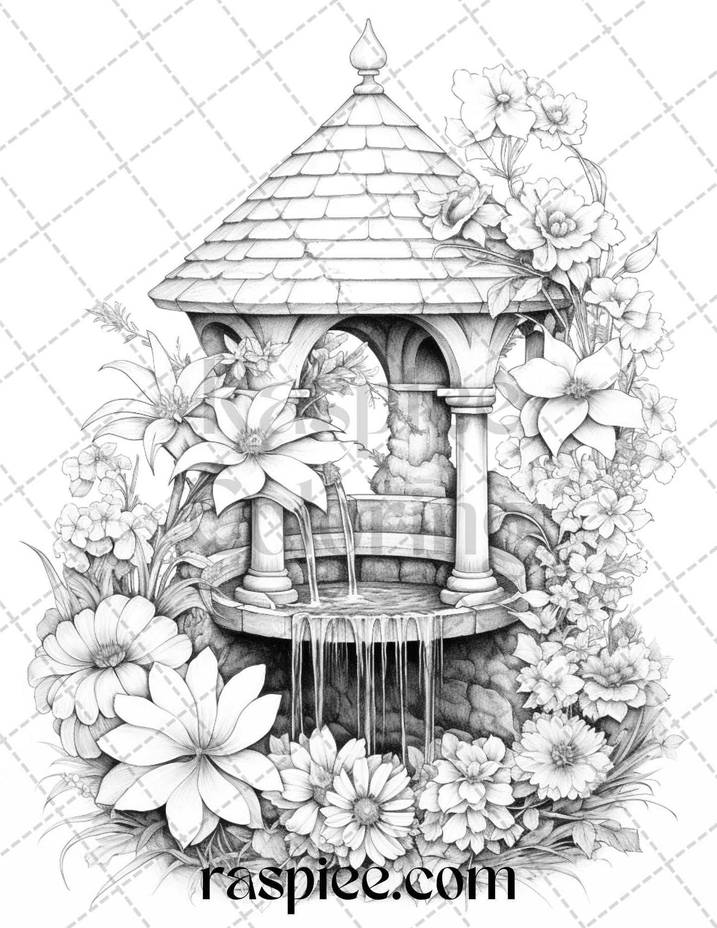 40 Whimsical Wishing Wells Grayscale Coloring Pages Printable for Adults, PDF File Instant Download