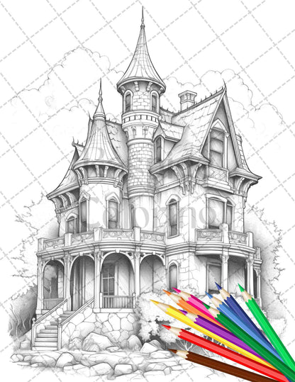 40 Creepy Gothic Houses Grayscale Coloring Pages Printable for Adults, PDF File Instant Download