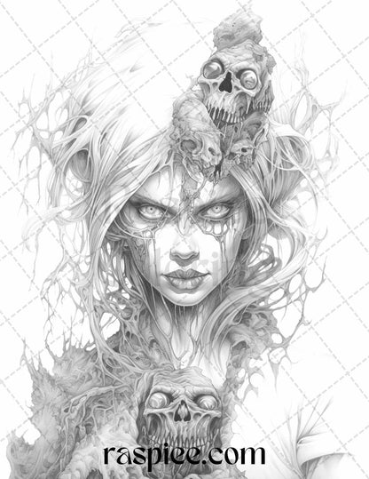 40 Scary Zombie Girls Grayscale Coloring Pages Printable for Adults, PDF File Instant Download