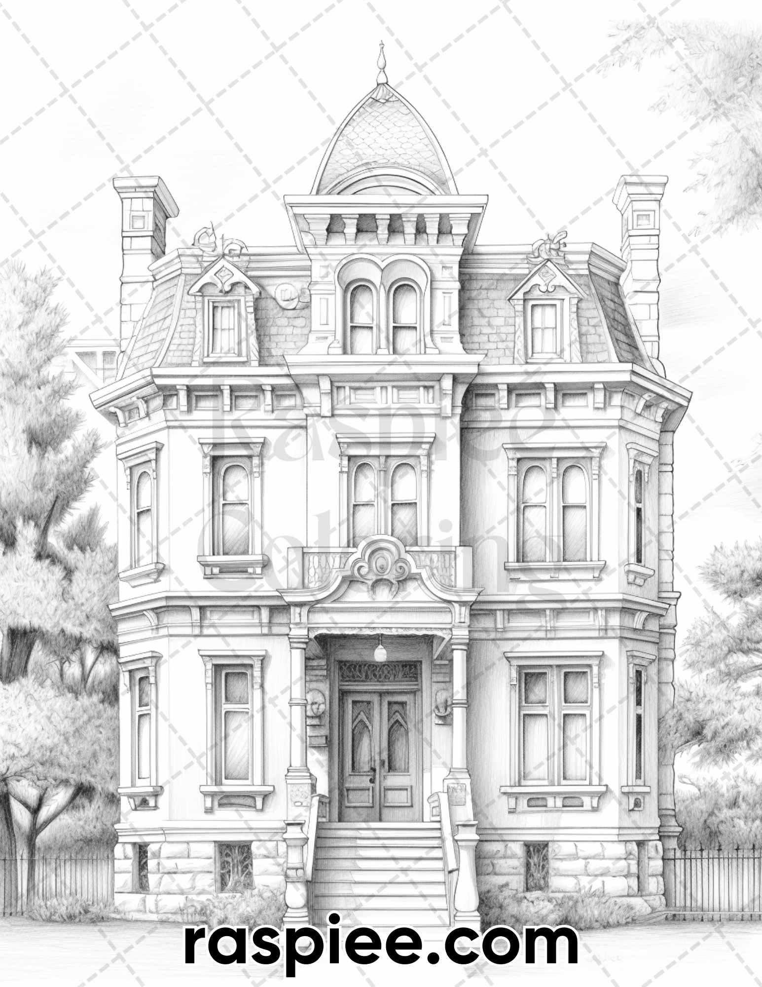 40 Victorian Mansions Grayscale Coloring Pages for Adults, Printable PDF Instant Download