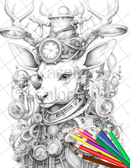 45 Steampunk Animals Grayscale Coloring Pages Printable for Adults Vol. 2, PDF File Instant Download