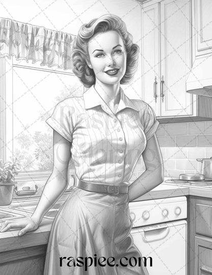 40 Retro Housewives Grayscale Coloring Pages for Adults, Printable PDF File Instant Download