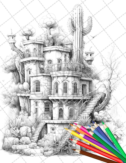 46 Fantasy Cactus Houses Grayscale Coloring Pages Printable for Adults, PDF File Instant Download