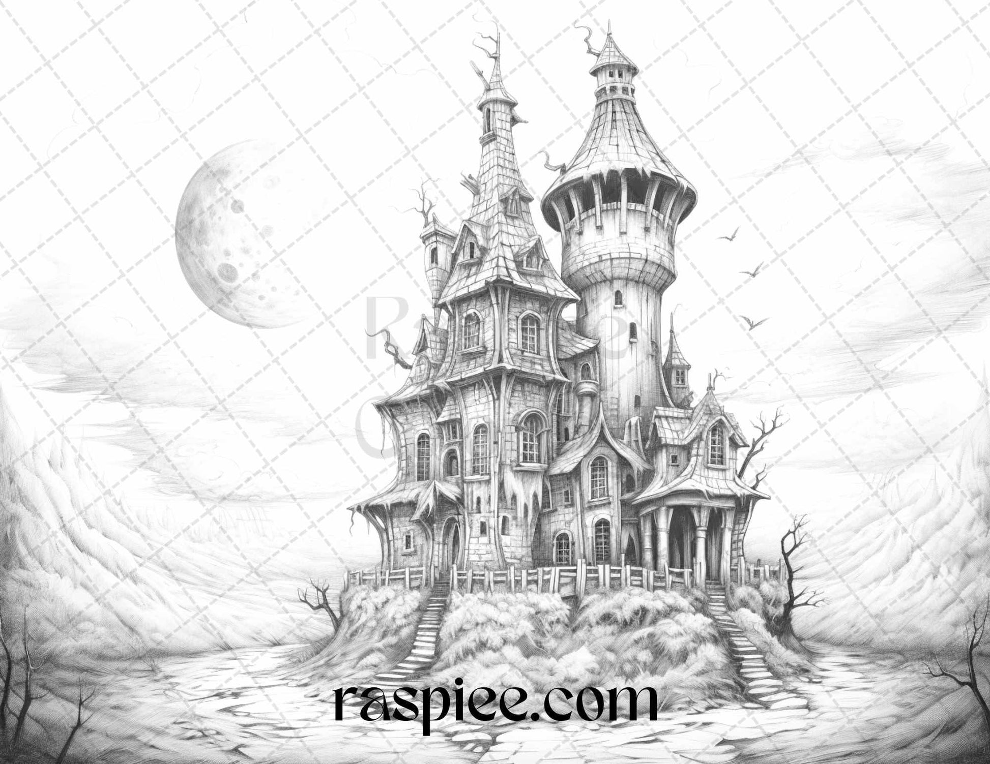 40 Halloween Landscapes Grayscale Coloring Pages Printable for Adults, PDF File Instant Download