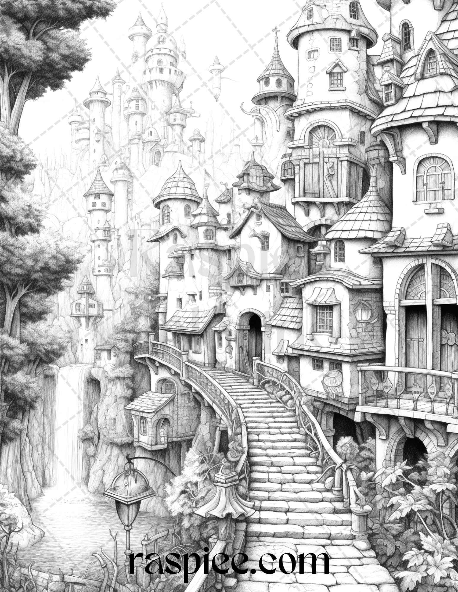 40 Fantasy Village Grayscale Coloring Pages Printable for Adults, PDF File Instant Download