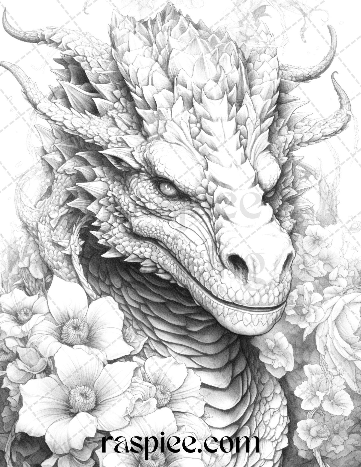 40 Flower Dragon Grayscale Coloring Pages Printable for Adults, PDF File Instant Download