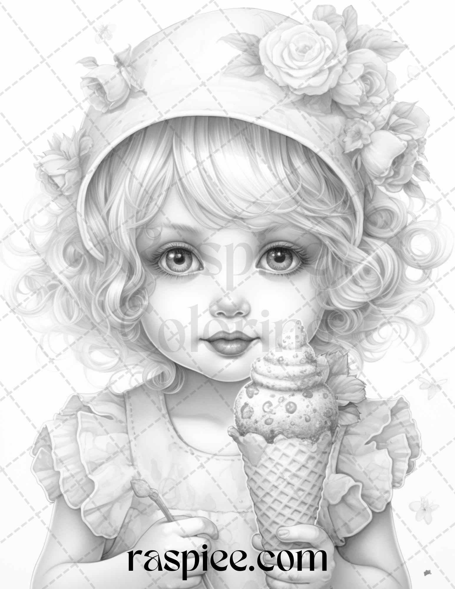 42 Adorable Girls with Ice Cream Grayscale Coloring Pages Printable for Adults Kids, PDF File Instant Download