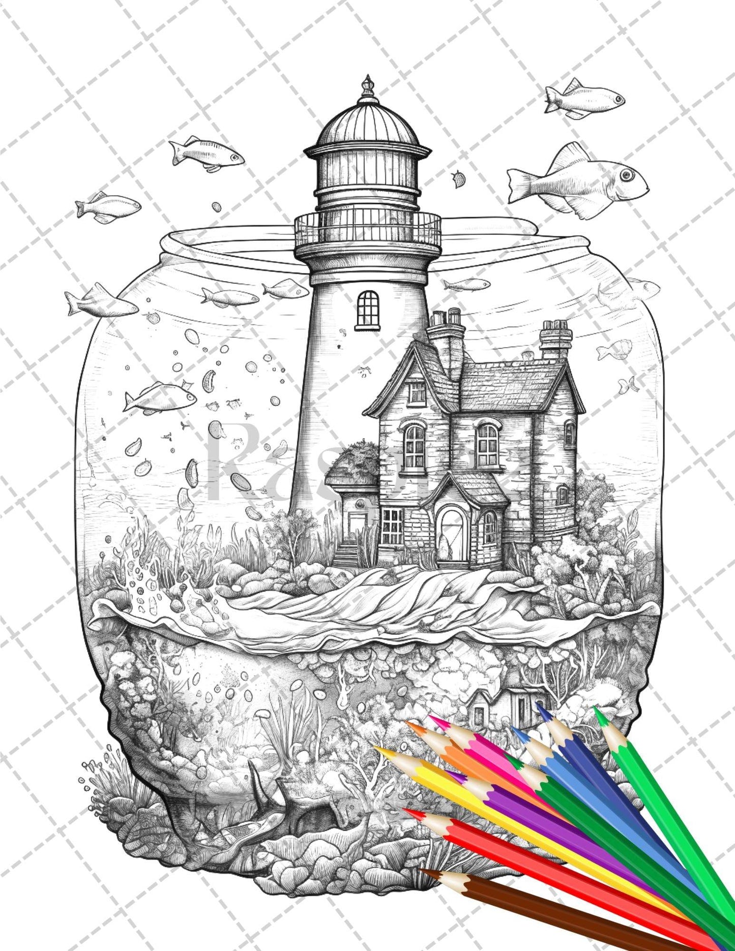 34 Fishtank Houses Coloring Book for Adults, Grayscale Coloring Page, Printable PDF Instant Download