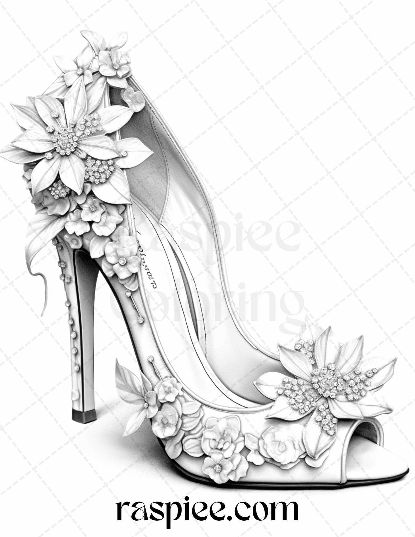 40 Flower Wedding Shoes Grayscale Coloring Pages Printable for Adults, PDF File Instant Download