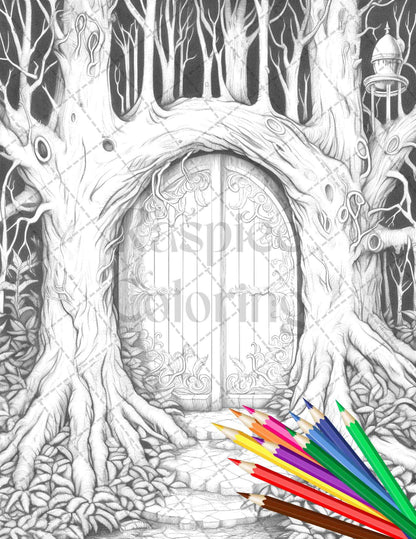 40 Magical Forest Gates Grayscale Coloring Pages Printable for Adults, PDF File Instant Download