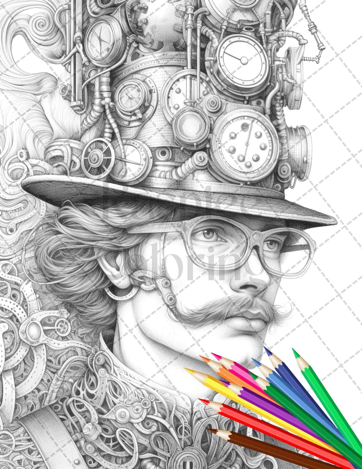 42 Steampunk Mens Grayscale Coloring Pages Printable for Adults, PDF File Instant Download