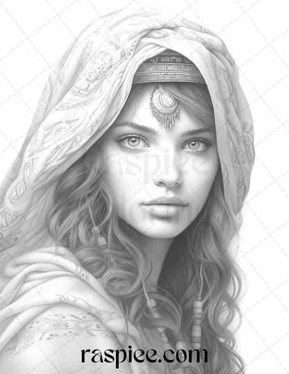 40 Beautiful Gypsy Girls Grayscale Coloring Pages Printable for Adults, PDF File Instant Download