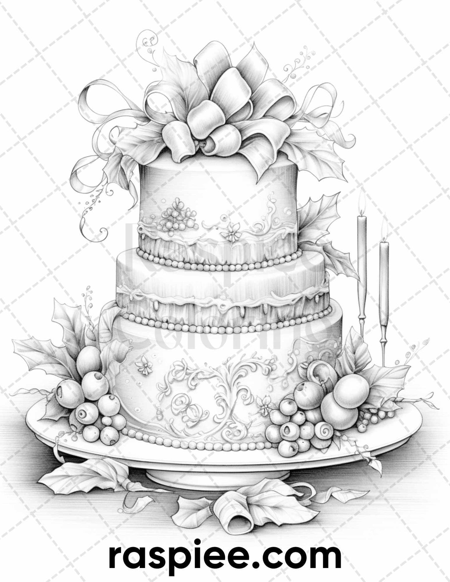 45 Christmas Cakes Grayscale Coloring Pages for Adults, Printable PDF File Instant Download