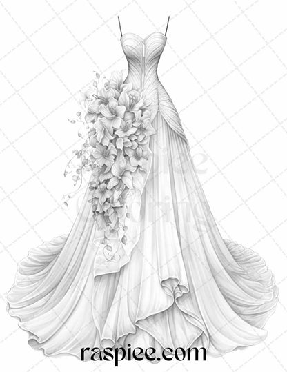 40 Elegant Floral Wedding Dresses Grayscale Coloring Pages Printable for Adults, PDF File Instant Download