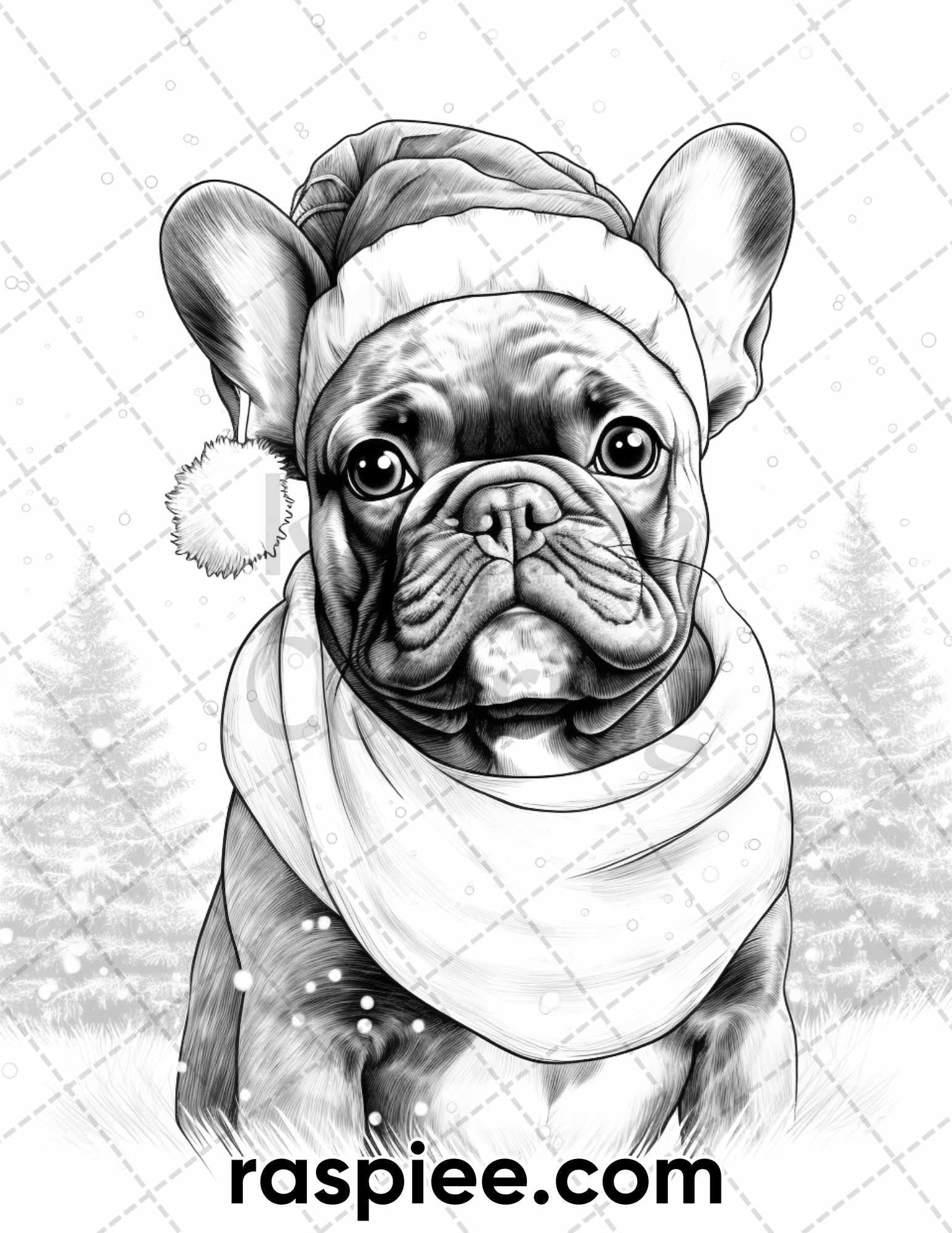 45 Christmas Dogs Grayscale Coloring Pages for Adults, Printable PDF Instant Download