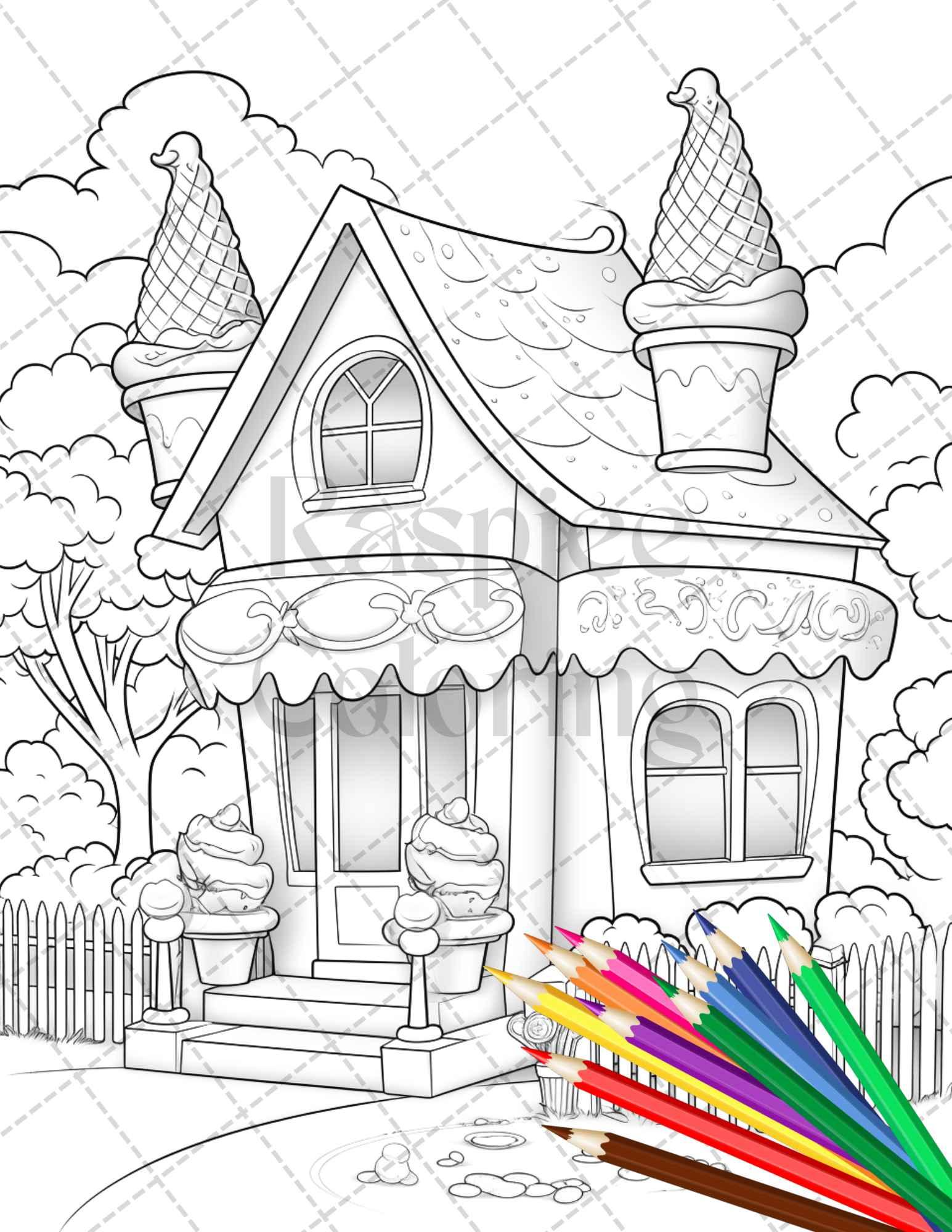 33 Ice Cream Houses Grayscale Coloring Pages Printable for Adults and Kids, PDF File Instant Download