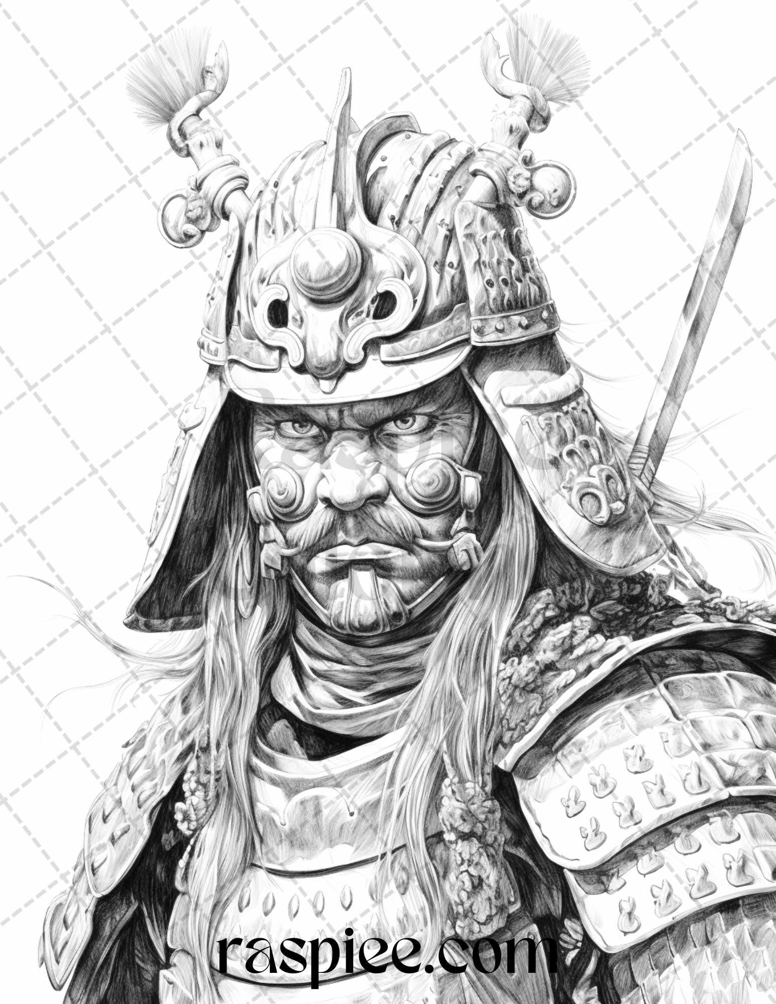 42 Japanese Samurai Grayscale Coloring Pages for Adults, Printable PDF File Instant Download