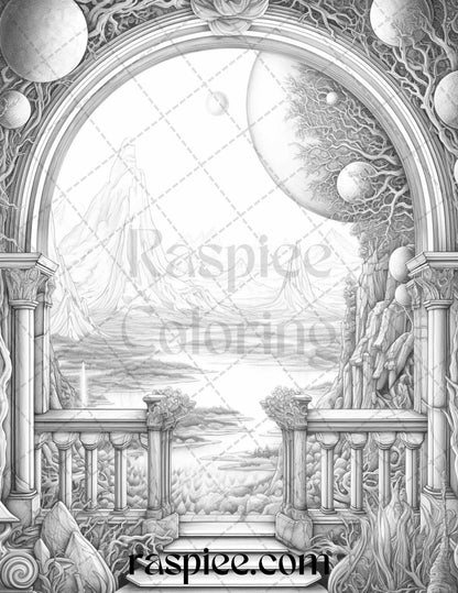 40 Window to Fantasy Worlds Grayscale Coloring Pages Printable for Adults, PDF File Instant Download