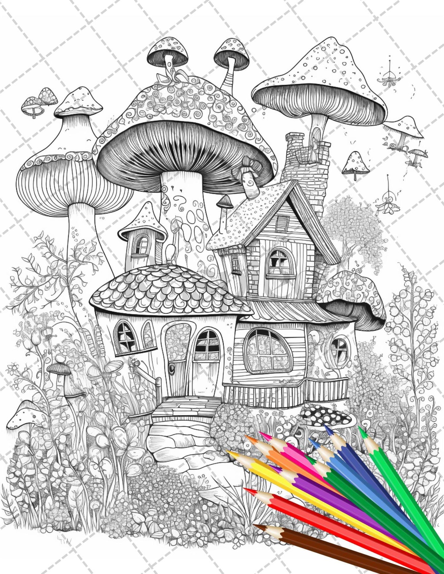 32 Whimsical Mushroom House Coloring Pages for Adults, Grayscale Coloring Book, Printable PDF File Download