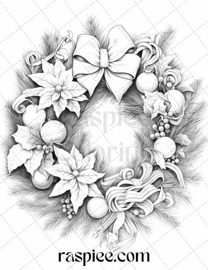 40 Christmas Wreath Grayscale Coloring Pages Printable for Adults, PDF File Instant Download