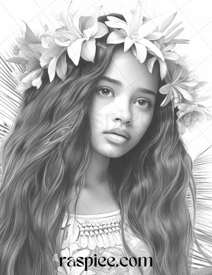 40 Hawaiian Girls Grayscale Coloring Pages Printable for Adults, PDF File Instant Download