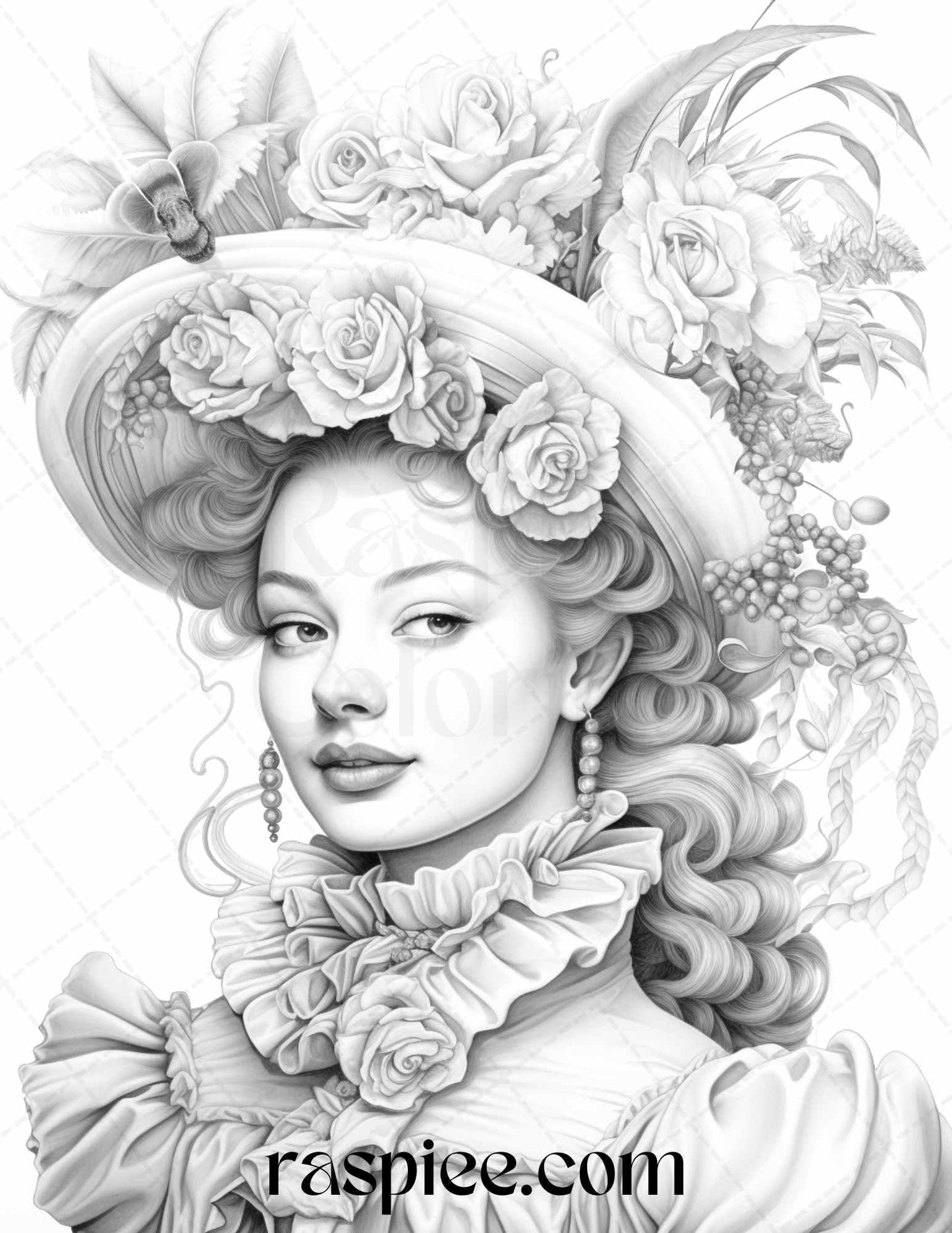 40 Baroque Women Portrait Grayscale Adult Coloring Pages Printable, PDF File Instant Download