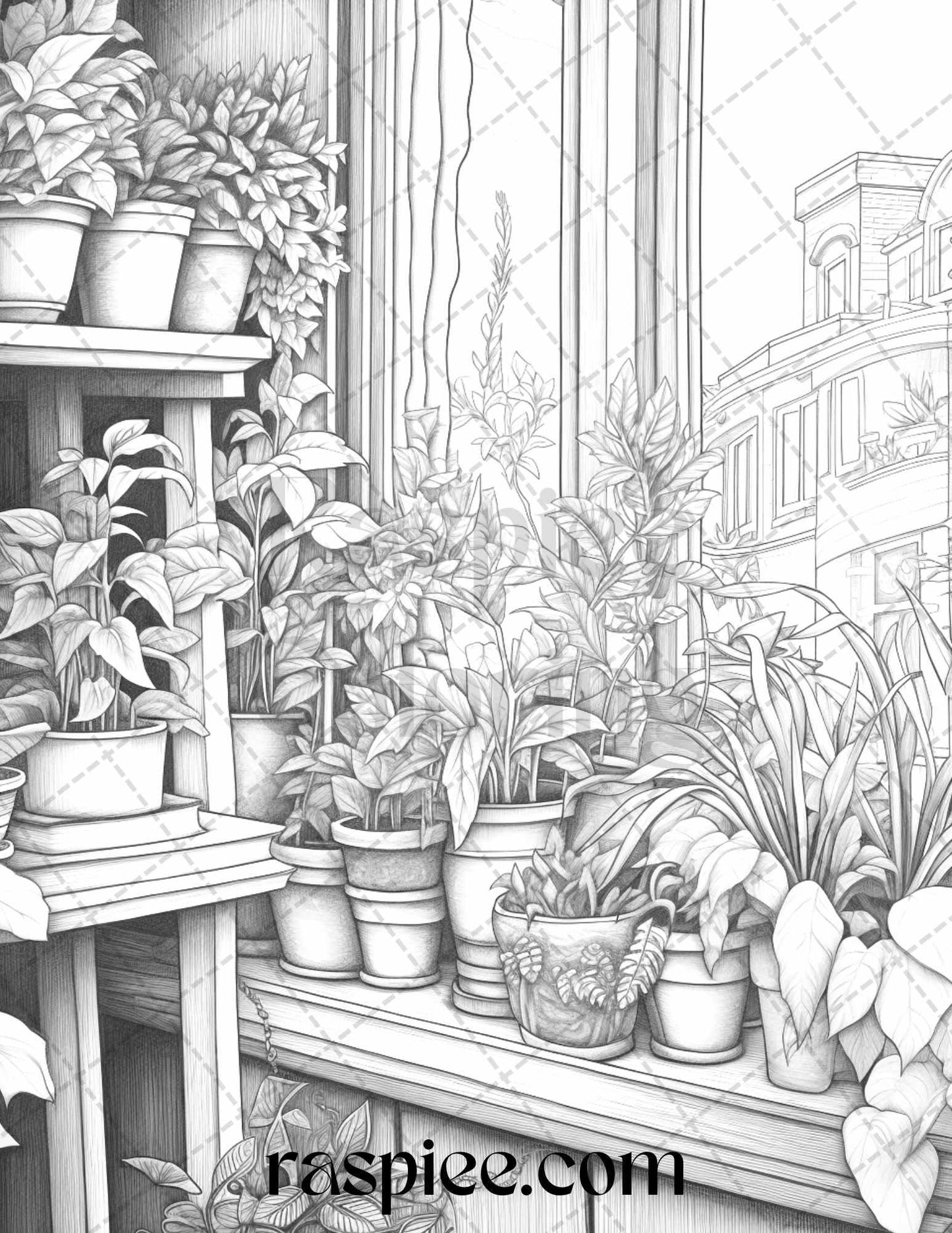 40 Window Plants Grayscale Coloring Pages Printable for Adults, PDF File Instant Download