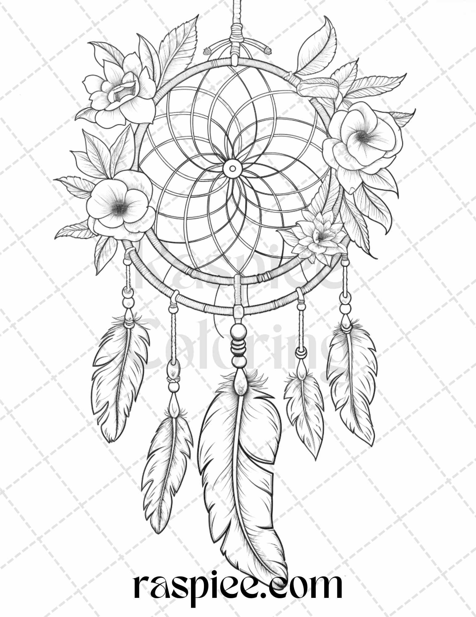 30 Flower Dreamcatcher Grayscale Coloring Pages Printable for Adults, PDF File Instant Download