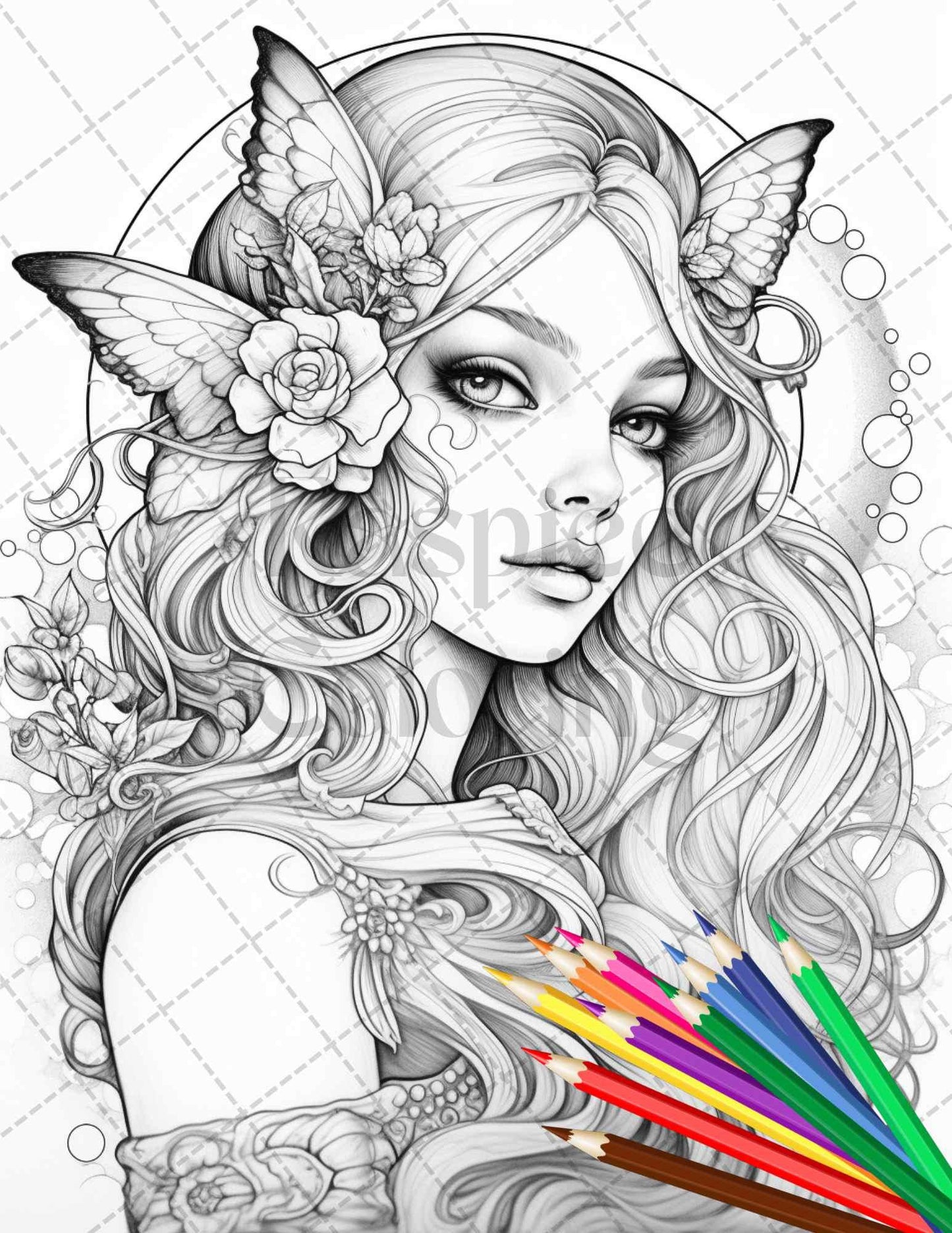 34 Beautiful Moon Fairies Grayscale Coloring Pages Printable for Adults, PDF File Instant Download