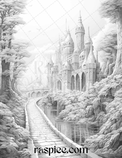 40 Fantasy Landscapes Grayscale Coloring Pages Printable for Adults, PDF File Instant Download