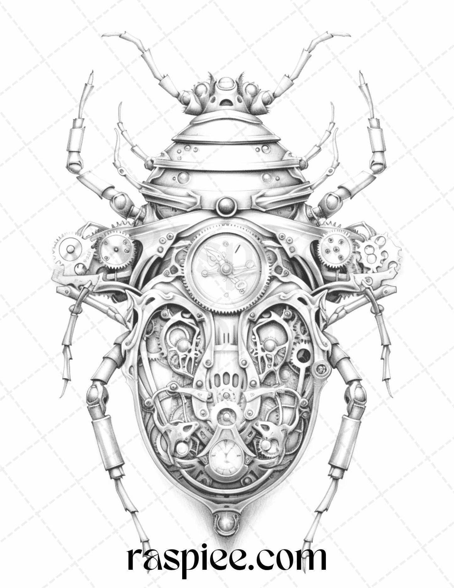 42 Steampunk Bugs Grayscale Coloring Pages Printable for Adults, PDF File Instant Download