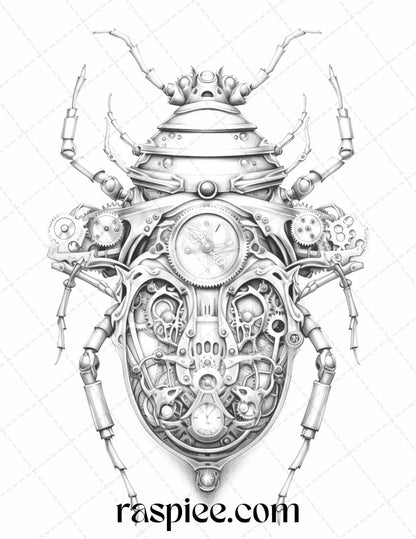 42 Steampunk Bugs Grayscale Coloring Pages Printable for Adults, PDF File Instant Download