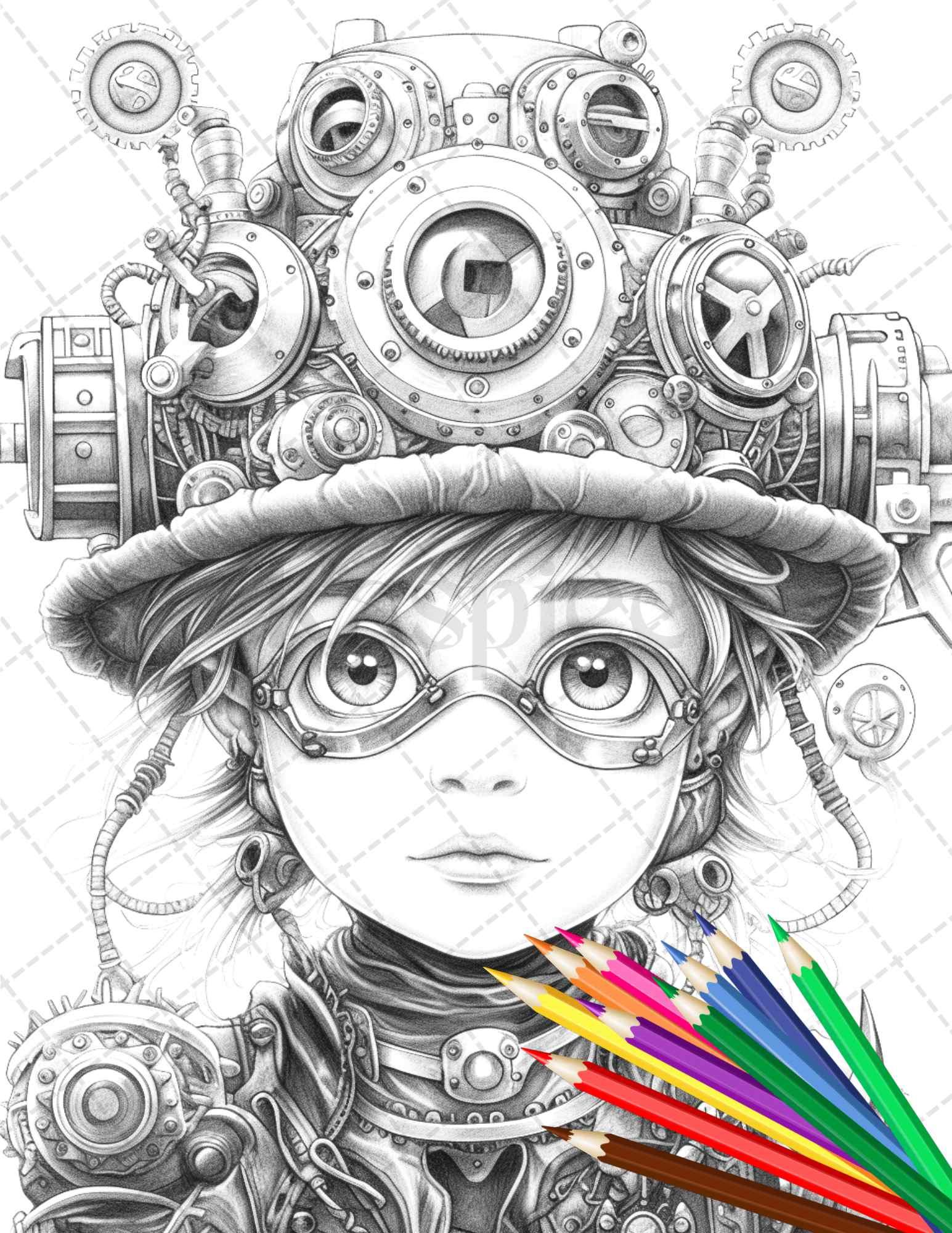 31 Adorable Steampunk Girls Coloring Pages Printable for Adults, Grayscale Coloring Page, PDF File Instant Download