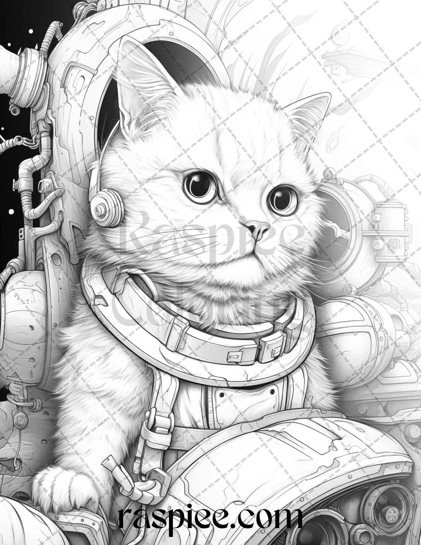 40 Cat Astronaut Grayscale Coloring Pages Printable for Adults Kids, PDF File Instant Download