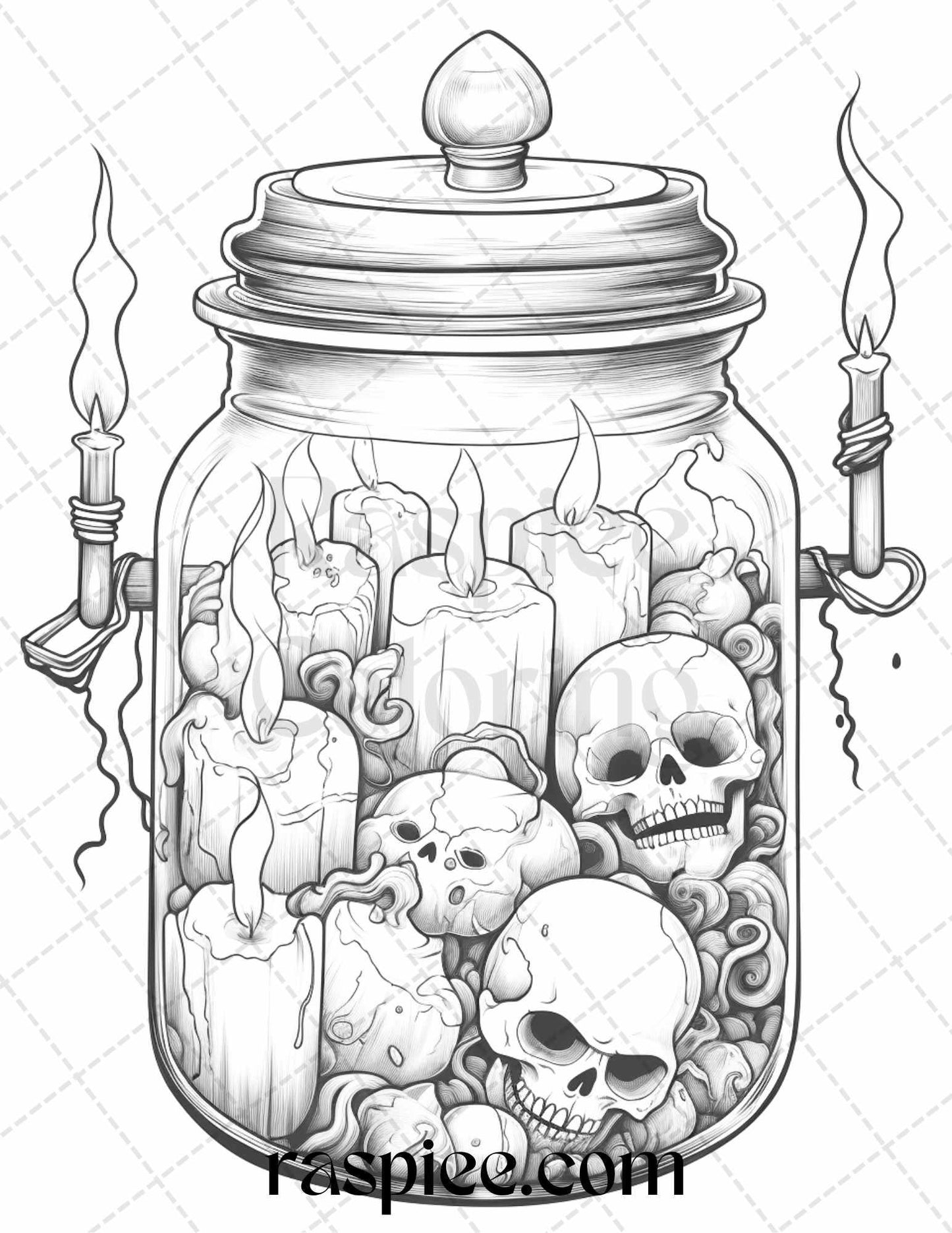 40 Halloween in Jar Grayscale Coloring Pages for Adults, Printable PDF File Instant Download