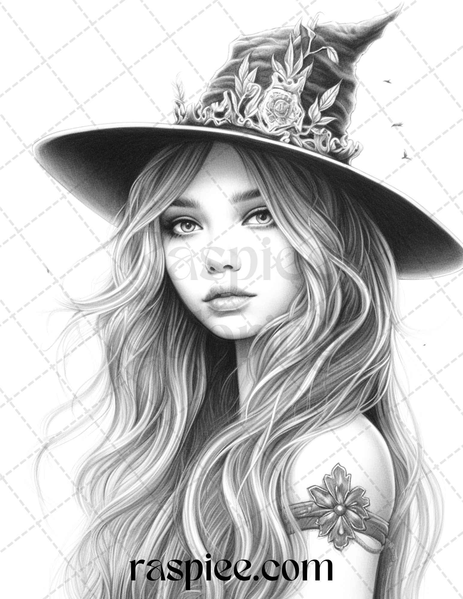 40 Beautiful Witches Grayscale Coloring Pages Printable for Adults, PDF File Instant Download