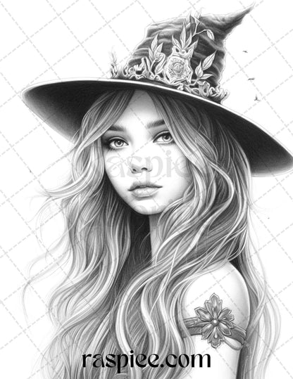 40 Beautiful Witches Grayscale Coloring Pages Printable for Adults, PDF File Instant Download