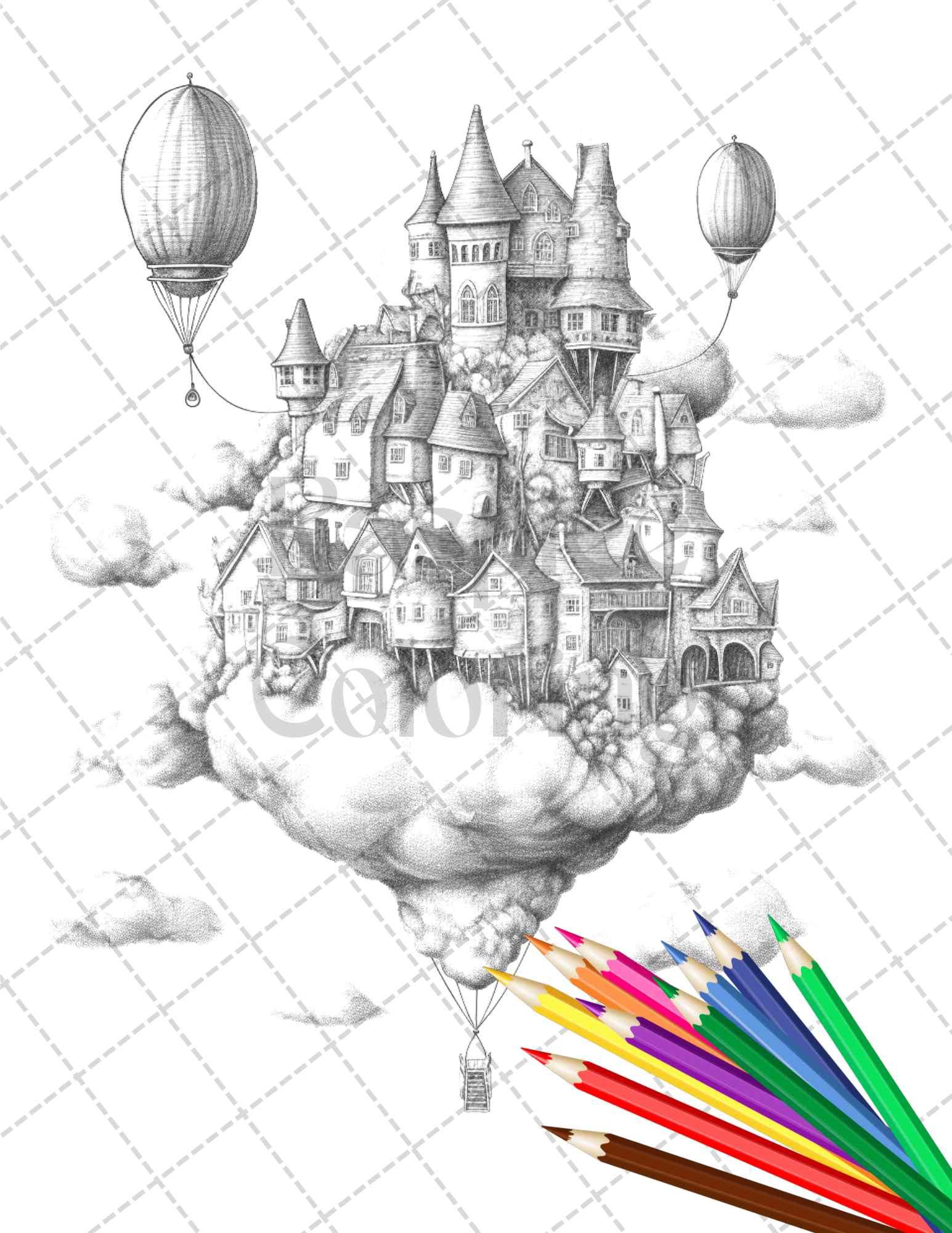 40 Fantasy Sky Houses Grayscale Coloring Pages Printable for Adults, PDF File Instant Download