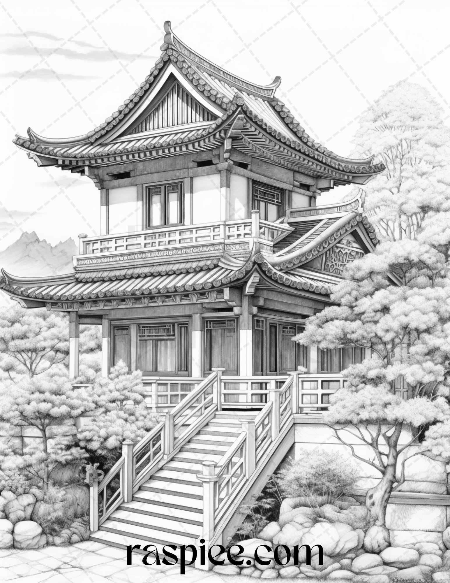 40 Traditional Chinese Houses Grayscale Coloring Pages Printable for Adults, PDF File Instant Download