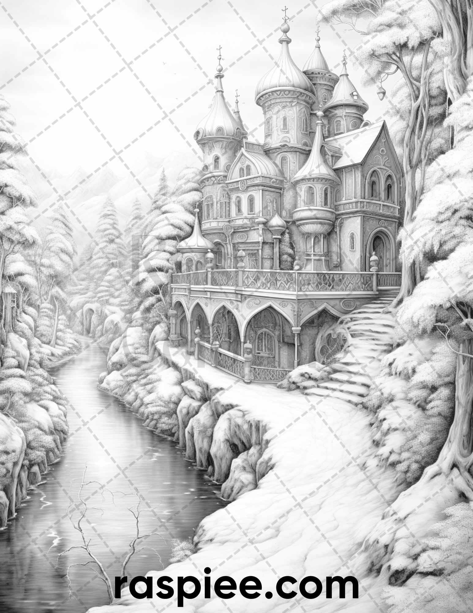 40 Fantasy Winter Village Grayscale Coloring Pages for Adults, PDF File Instant Download