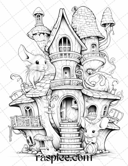 40 Magical Mouse Houses Grayscale Coloring Pages Printable for Adults, PDF File Instant Download