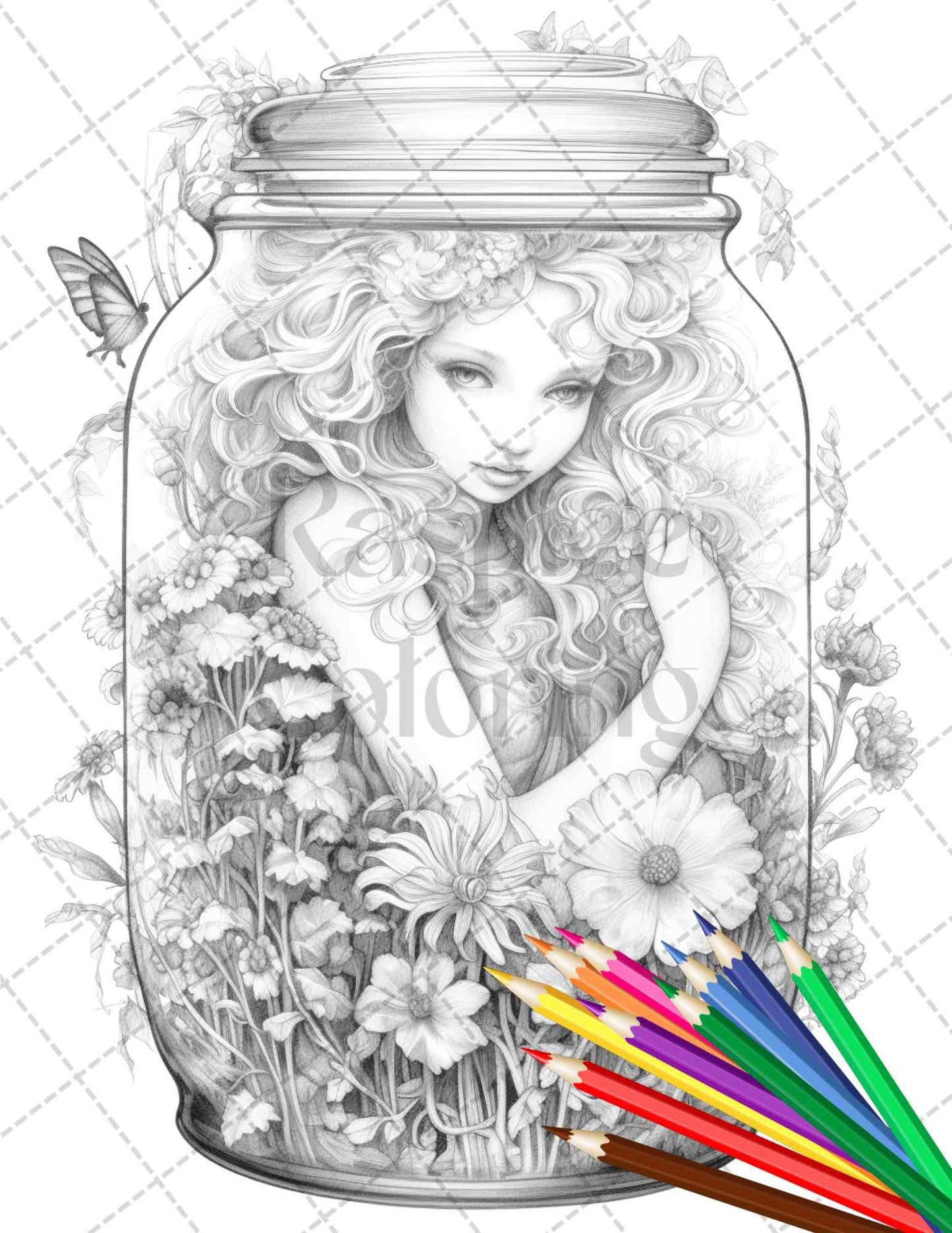 40 Beautiful Fairies in Jar Grayscale Coloring Pages Printable for Adults, PDF File Instant Download