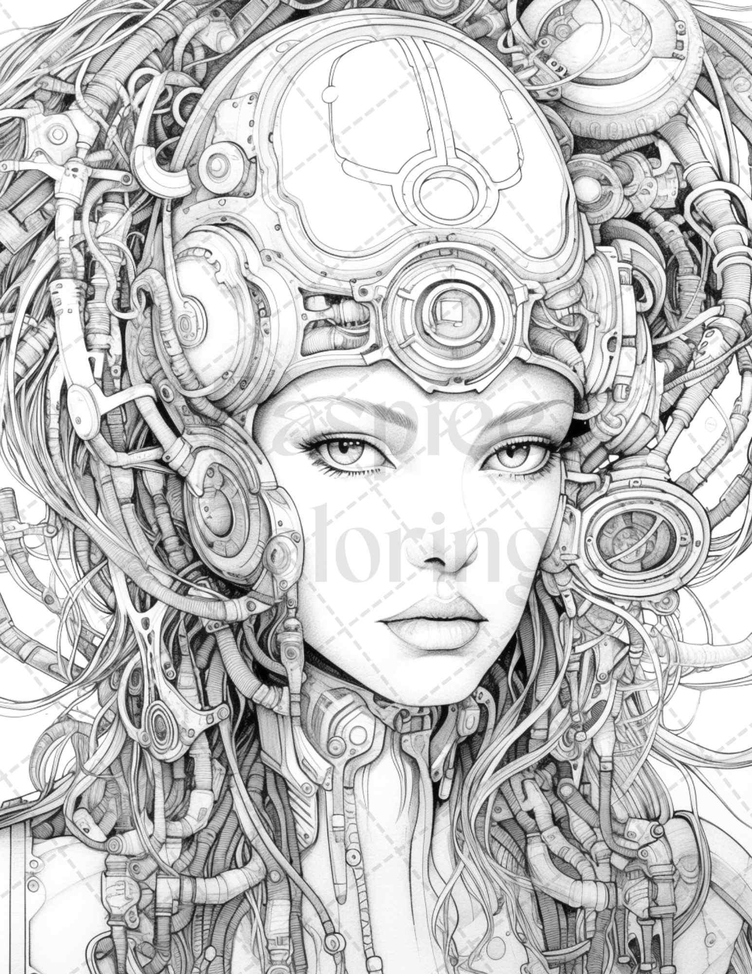 40 Beautiful Cyborg Girls Grayscale Coloring Pages Printable for Adults, PDF File Instant Download