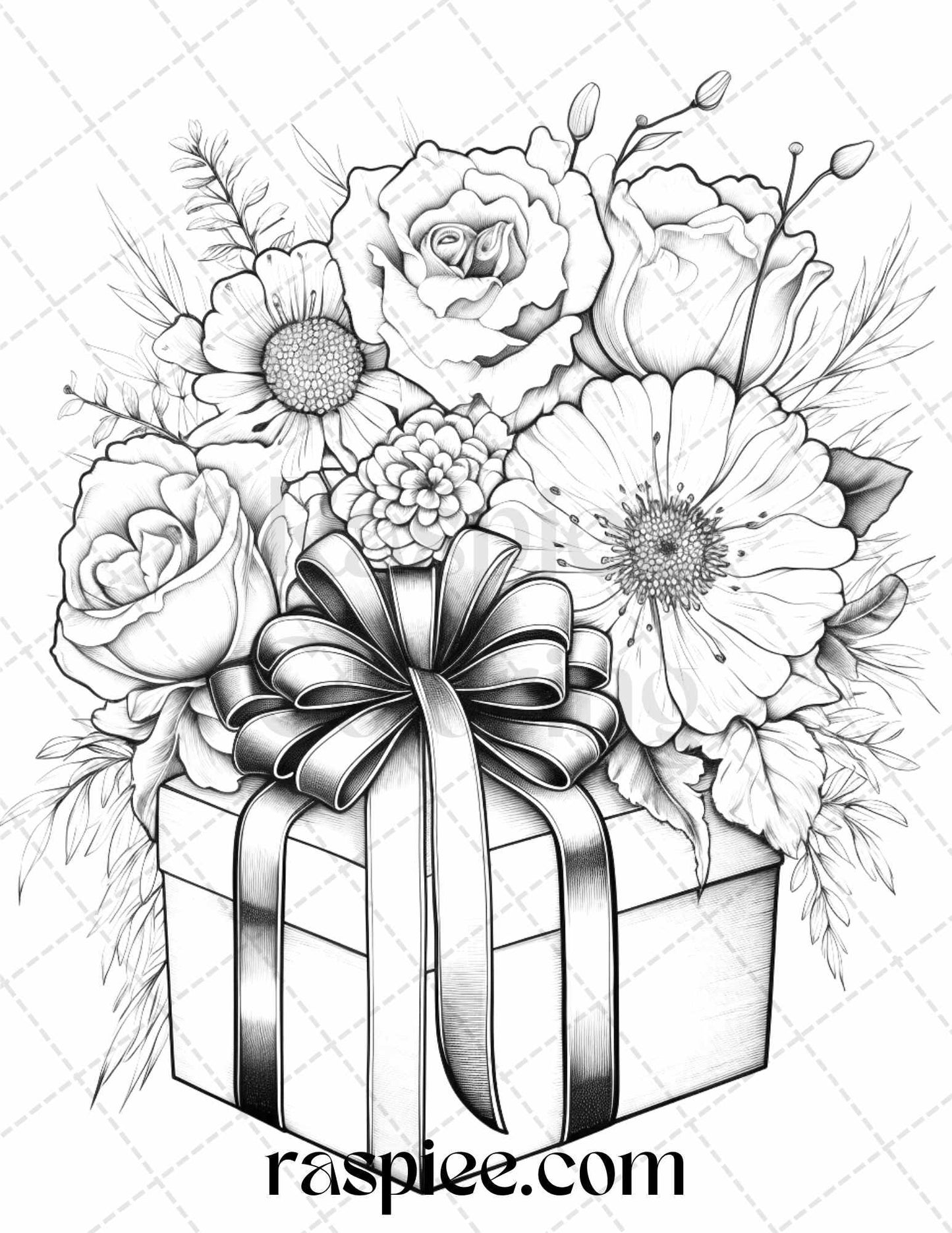 40 Flower Gift Box Grayscale Coloring Pages Printable for Adults Kids, PDF File Instant Download