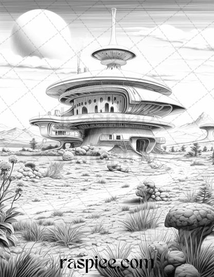 40 Alien Houses Grayscale Coloring Pages for Adults, Printable PDF File Instant Download